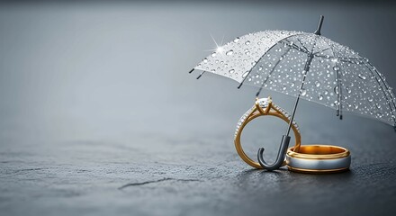 Wedding rings under a transparent umbrella with water drops conveying protection, love, and commitment. Marriage concept for anniversaries.