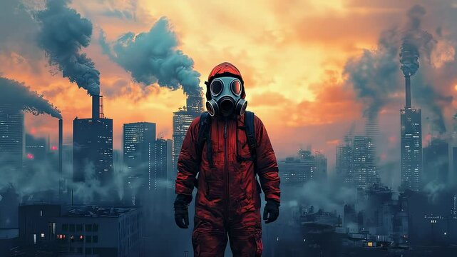 Person in gas mask and red suit stands in polluted city with dramatic sky