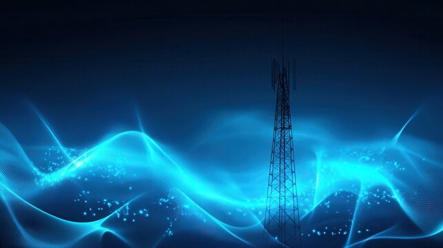 A striking radio tower silhouette broadcasts a powerful signal, creating vibrant blue energy waves on a dark, isolated background for global communication.