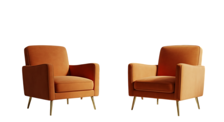 Two plush orange armchairs with golden legs isolated on transparent background