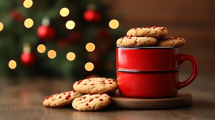 Festive cookies in a red mug on a wooden table.
