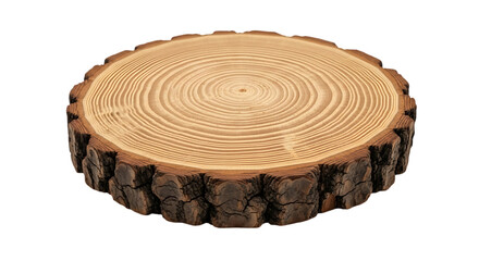 Natural wood slice with tree rings and bark isolated on transparent background