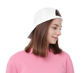 Young woman wearing stylish baseball hat on white background