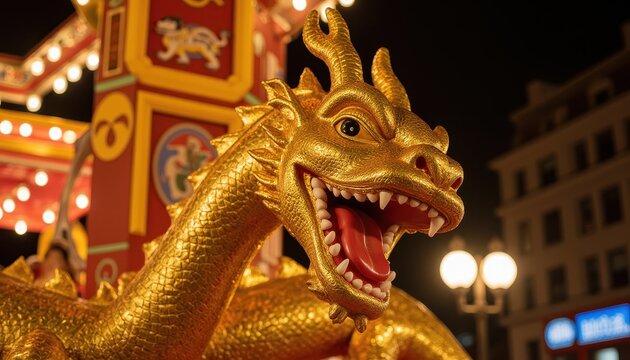 close up of gilded dragon sculpture mounted on a parade float, lit by warm spotlights.