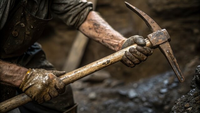 A close-up of a miner&rsquo;s hands gripping a pickaxe, covered in dirt and sweat