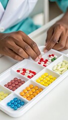 A close-up of a pharmacist’s hands counting colorful pills on a white tray