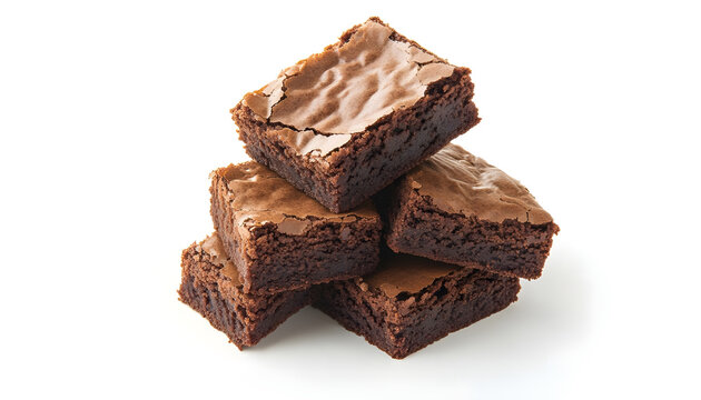 Stack of moist chocolate brownies with crispy crust isolated on white background