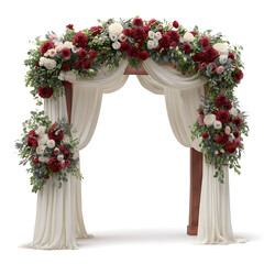 Wooden Wedding Arch Decorated with Burgundy and White Flowers and Cream Drapes Elegant Floral Ceremony Setup