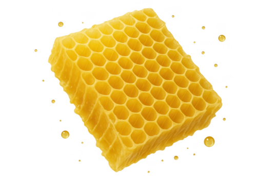Natural beeswax honeycomb piece isolated on transparent background, golden color