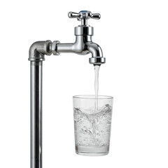 Water pours from a chrome faucet into a glass isolated on transparent background