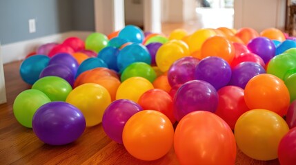 Colorful balloons scattered on a wooden floor
