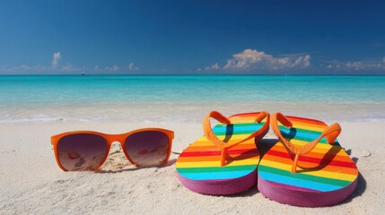 Colorful beach accessories on sand