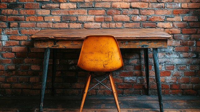 Rustic wooden desk with orange chair against brick wall - Powered by Adobe