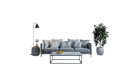 Modern living room scene with grey sofa coffee table and plant isolated on transparent background