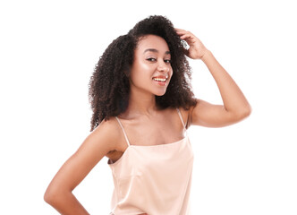 Portrait of beautiful Brazilian woman on white background