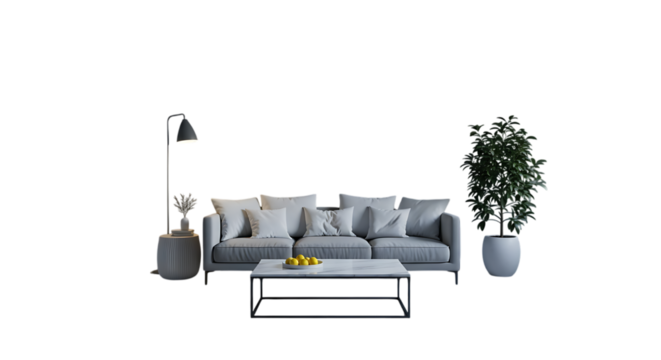 Modern living room scene with grey sofa coffee table and plant isolated on transparent background