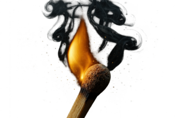 Burning match isolated on a transparent background, fiery flame and smoke trails