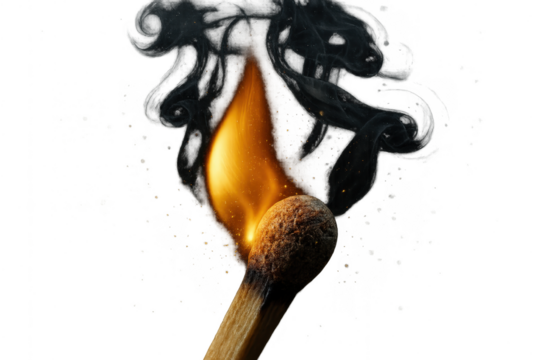 Burning match isolated on a transparent background, fiery flame and smoke trails