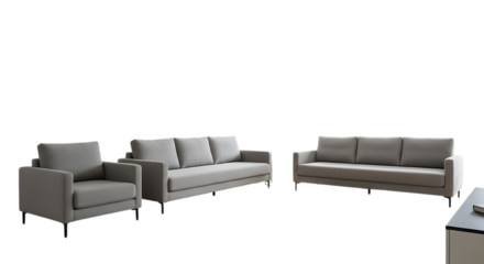 Modern grey fabric sofa and armchair set isolated on transparent background