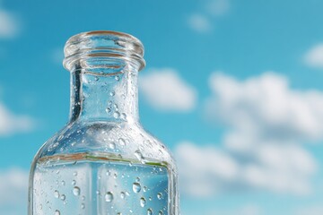Clear glass bottle filled with water, showcasing droplets on the surface, against a bright blue sky with fluffy clouds, creating a refreshing and vibrant atmosphere