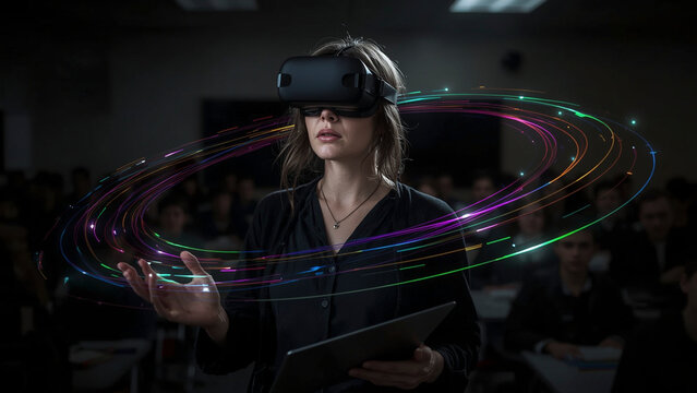 Teacher using augmented reality in classroom illustrated in noir photo style with focus on emotions and expressions theme. Ideal for marketing, editorial, or educational uses.