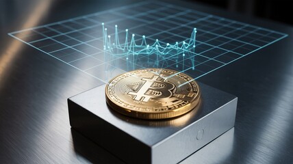 Bitcoin, Golden Bitcoin on Metal Block with Fluctuating Graph Overlay
