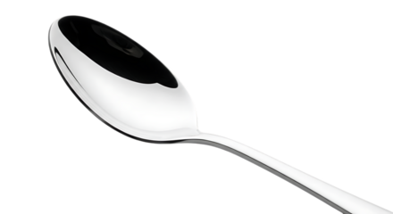 Shiny polished metal spoon with a reflective surface isolated on transparent background