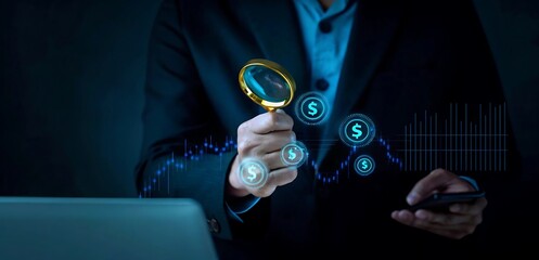 A businessman uses a magnifying glass to focus on a percentage symbol surrounded by global currency symbols, highlighting interest rates and forex trends. High quality..