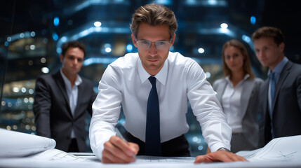 Colleagues collaborating with blueprints and gadgets in bright office