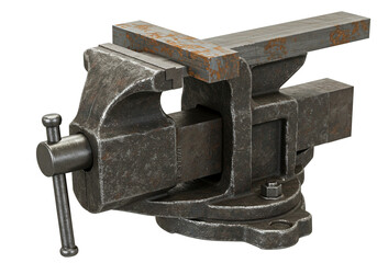 A metal bench vise holding a rectangular metal bar against a white background in a studio shot