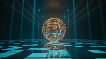 Bitcoin, Illuminated Bitcoin Sphere in Futuristic Digital Space