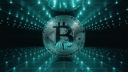 Bitcoin, Digital Bitcoin Coin on a Futuristic Grid Background