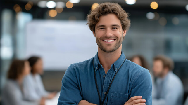 Young professional presenting ideas with team engagement in open space