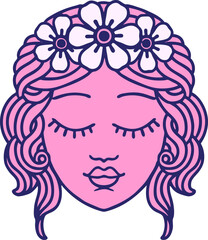 tattoo in traditional style of female face with eyes closed in bright neon color