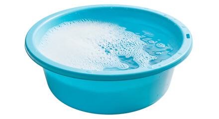 Bright blue basin filled with soapy water and bubbles isolated on transparent background