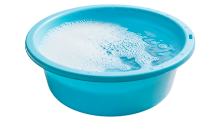 Bright blue basin filled with soapy water and bubbles isolated on transparent background