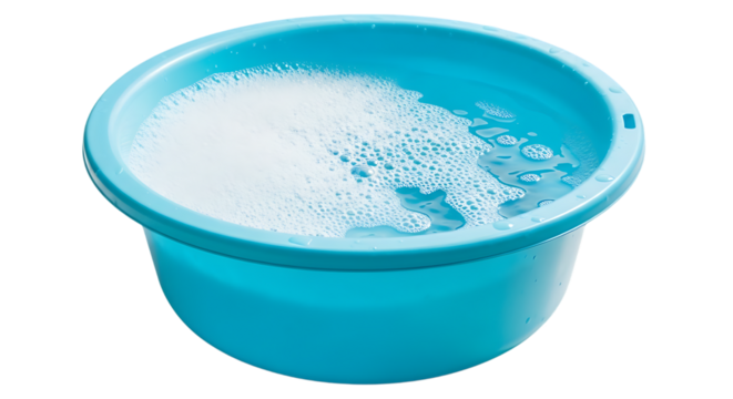 Bright blue basin filled with soapy water and bubbles isolated on transparent background