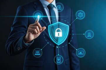 Businessman interacting with digital security shield and icons