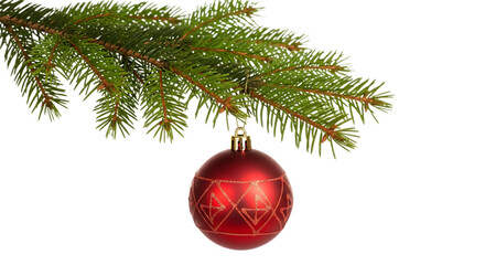 Red christmas ornament hanging on fir tree branch isolated on transparent background