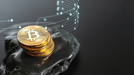 Bitcoin, Bitcoin Cryptocurrency Stack on Dark Stone with Circuit Overlay