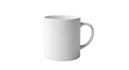 A clean white ceramic mug with a handle isolated on transparent background