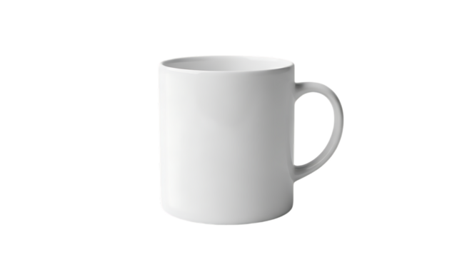 A clean white ceramic mug with a handle isolated on transparent background