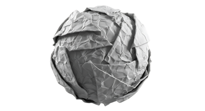 A crumpled ball of white paper texture isolated on transparent background