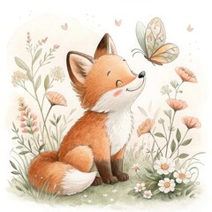 Fototapeta premium Cute Watercolor Fox with Butterfly in Flower Meadow – Woodland Baby Fox Nursery Wall Art Clipart