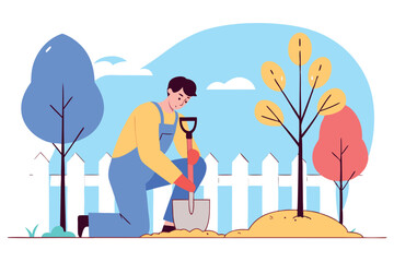 Person planting tree in garden, eco-conscious activity vector, sustainability, green earth initiative, gardening, reforestation, environmental care