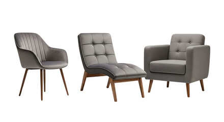 Three modern grey upholstered chairs with wooden legs isolated on transparent background
