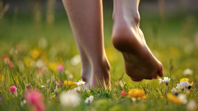 Barefoot walking on grass with wildflowers, symbolizing nature connection, relaxation and grounding.