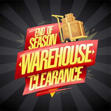 End of season warehouse clearance vector poster mockup with boxes, and a big shopping cart