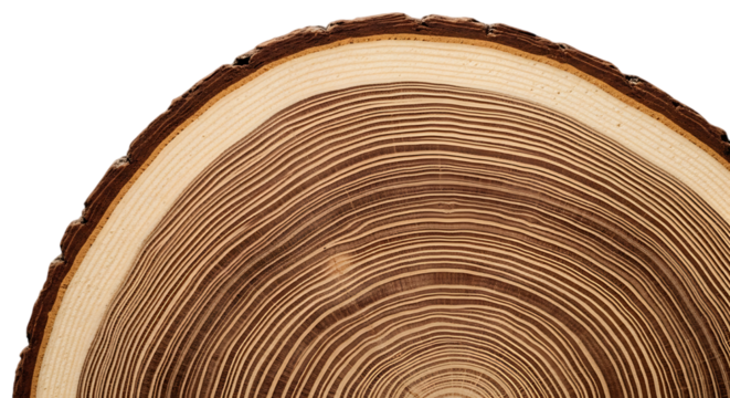 Close up of a tree trunk cross section showing growth rings and bark isolated on transparent background