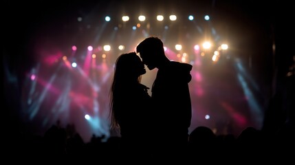 Silhouette of a Couple Kissing at a Concert